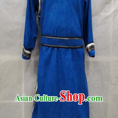 Chinese Mongol Nationality Folk Dance Clothing Blue Suede Fabric Mongolian Robe Ethnic Nadam Festival Costume