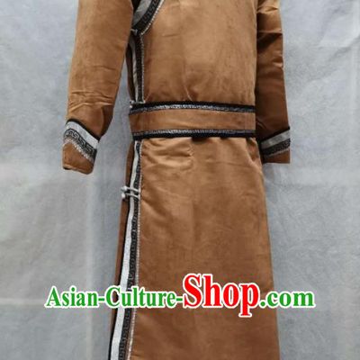 Chinese Ethnic Nadam Festival Costume Mongol Nationality Folk Dance Clothing Light Brown Suede Fabric Mongolian Robe
