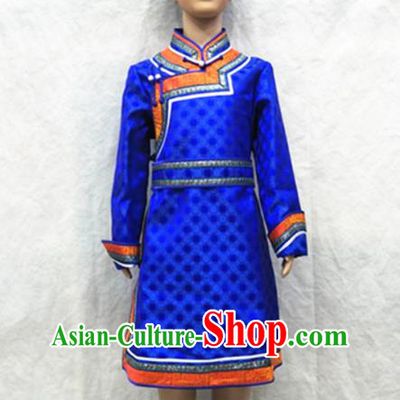 Chinese Mongol Nationality Folk Dance Clothing Traditional Children Royalblue Satin Mongolian Robe Ethnic Boys Festival Performance Costume