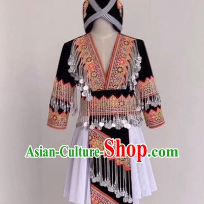 China Traditional Hmong Folk Dance Dress Outfits Yunnan Minority Performance Garments Miao Nationality Costumes Ethnic Clothing