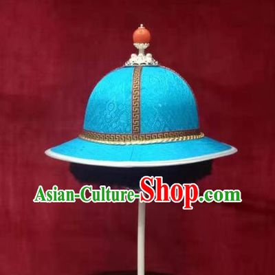 China Ancient Yuan Dynasty Prince Headwear Handmade Blue Satin Hat Mongolian Nationality Boys Headdress
