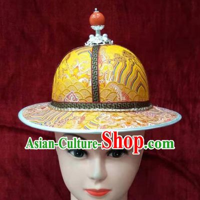 China Mongolian Nationality Boys Headdress Ancient Yuan Dynasty Prince Headwear Handmade Yellow Satin Hat