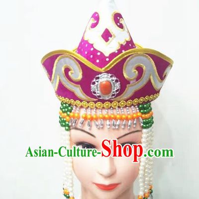 Chinese Mongolian Minority Dance Tassel Headdress Ethnic Girl Folk Dance Headdress Mongol Nationality Stage Performance Purple Hat