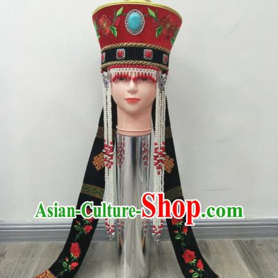 Chinese Ethnic Bride Headdress Mongol Nationality Stage Performance Tassel Red Hat Mongolian Minority Wedding Hair Accessories