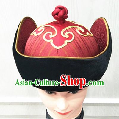 China Mongolian Nationality Wedding Headdress Ancient Yuan Dynasty King Headwear Handmade Bridegroom Red Hat