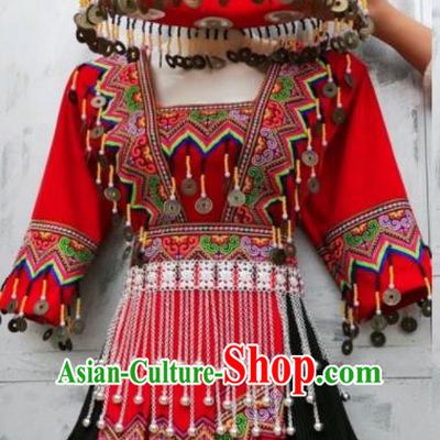 China Miao Nationality Performance Costumes Ethnic Festival Clothing Traditional Hmong Folk Dance Short Dress Outfits Yunnan Minority Garments