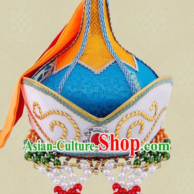 Chinese Ethnic Stage Performance Headdress Mongol Nationality Blue Satin Hat Mongolian Minority Female Hair Accessories