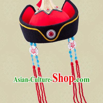 Chinese Mongolian Minority Imperial Consort Hair Accessories Ethnic Stage Performance Headdress Mongol Nationality Wedding Bride Red Hat