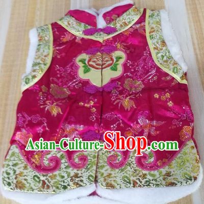 Chinese Tang Suit Rosy Brocade Vest Ethnic Girl Costume Mongol Nationality Folk Dance Clothing Traditional Children Mongolian Waistcoat