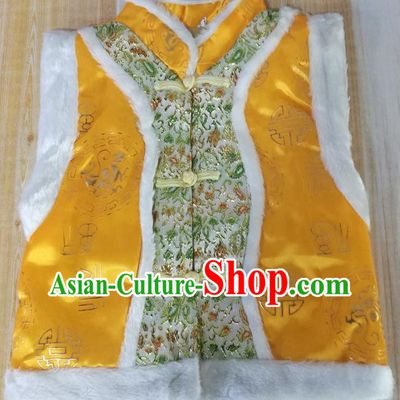 Chinese Traditional Children Mongolian Waistcoat Tang Suit Yellow Brocade Vest Ethnic Girl Costume Mongol Nationality Folk Dance Clothing