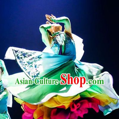 Chinese Hui Minority Folk Dance Apparels Hui Nationality Woman Clothing Traditional Ningxia Ethnic Performance Blue Dress Outfits