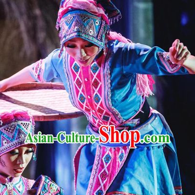 Chinese Traditional Ethnic Stage Performance Blue Dress Outfits Li Minority Dance Apparels Yao Nationality Woman Clothing