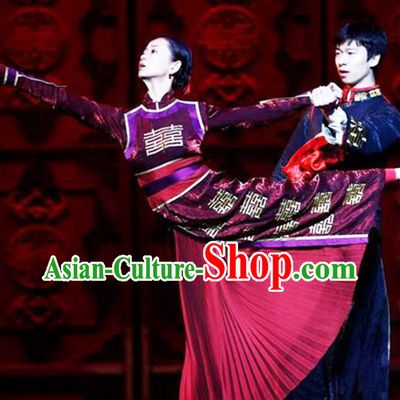 China Woman Ballet Dance Garment Costume Stage Performance Wine Red Qipao Dress Classical Dance Clothing
