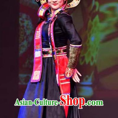 Chinese Mongolian Minority Group Dance Apparels Mongol Nationality Woman Clothing Traditional Ethnic Stage Performance Black Dress Outfits