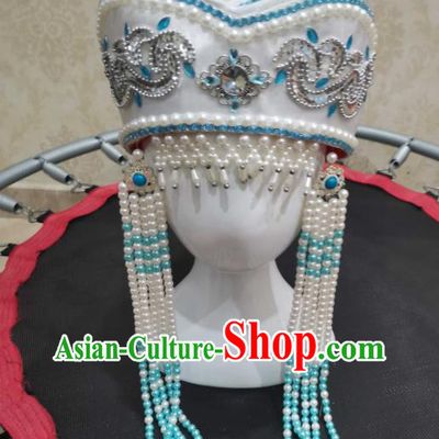 China Handmade Princess Beads Tassel White Hat Mongolian Nationality Girl Performance Headdress Mongol Nationality Children Headwear