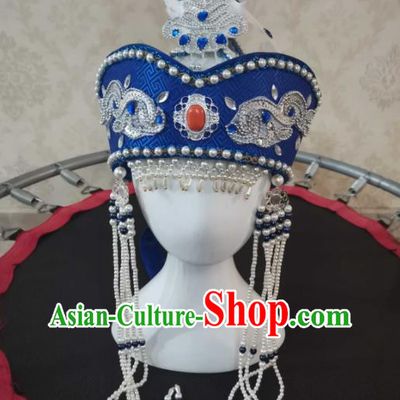 China Mongol Nationality Children Headwear Handmade Princess Beads Tassel Royalblue Hat Mongolian Nationality Girl Performance Headdress