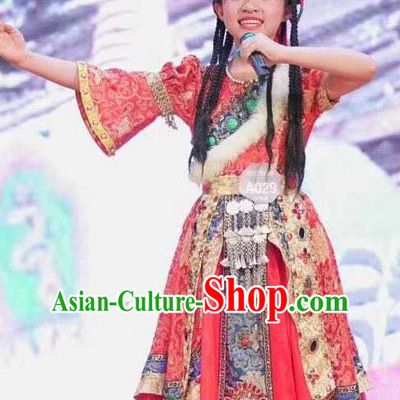 Chinese Traditional Ethnic Stage Performance Red Dress Outfits Zang Minority Folk Dance Apparels Tibetan Nationality Girl Clothing