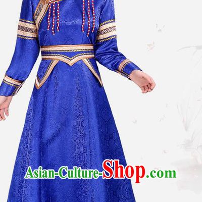 China Mongol Minority Fashion Woman Folk Dance Clothing Mongolian Nationality Performance Costume Ethnic Blue Brocade Dress