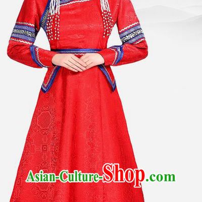 China Ethnic Red Brocade Dress Mongol Minority Fashion Woman Folk Dance Clothing Mongolian Nationality Performance Costume