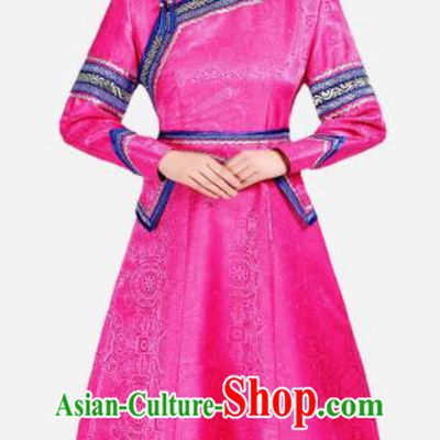 China Mongolian Nationality Performance Costume Ethnic Rosy Brocade Dress Mongol Minority Fashion Woman Folk Dance Clothing