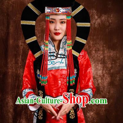 China Mongol Nationality Wedding Headwear Handmade Ethnic Bride Red Hat Mongolian Nationality Festival Headdress