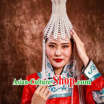 China Handmade Ethnic Woman White Beads Hat Mongolian Nationality Bride Headdress Mongol Nationality Folk Dance Hair Accessories