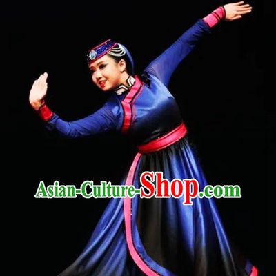 Chinese Mongolian Nationality Woman Dance Clothing Traditional Ethnic Performance Blue Dress Outfits Mongol Minority Folk Dance Apparels