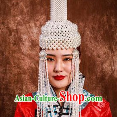 China Mongol Nationality Folk Dance Hair Accessories Handmade Ethnic Woman White Beads Hat Mongolian Nationality Bride Headdress