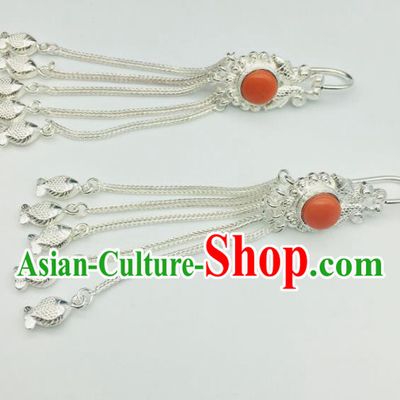 Chinese Traditional Tibetan Nationality Silver Tassel Earrings Zang Minority Festival Ear Jewelry Classical Dance Ear Accessories