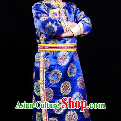 Chinese Mongol Minority Male Apparels Ethnic Festival Dance Clothing Traditional Royalblue Brocade Mongolian Robe