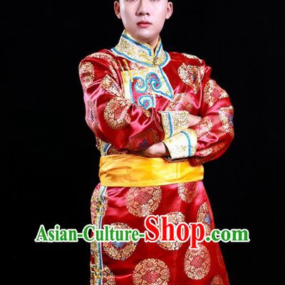 Chinese Traditional Red Brocade Mongolian Robe Mongol Minority Male Apparels Ethnic Festival Dance Clothing