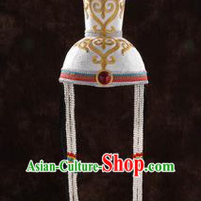 China Handmade Ethnic Bride White Hat Mongolian Nationality Folk Dance Headwear Mongol Nationality Festival Performance Hair Accessories