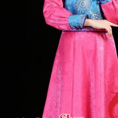 China Mongolian Nationality Informal Costume Ethnic Pink Brocade Dress Mongol Minority Woman Dance Fashion Stage Performance Clothing