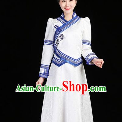 China Mongolian Performance Clothing Moggol Nationality Female Informal Costume Ethnic Folk Dance White Dress Mongol Minority Fashion