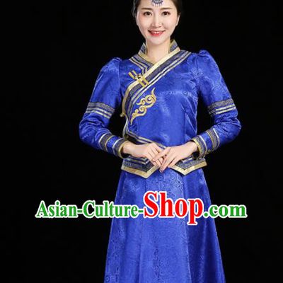 China Mongol Minority Fashion Mongolian Performance Clothing Moggol Nationality Female Informal Costume Ethnic Folk Dance Royalblue Dress