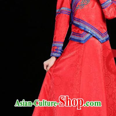 China Ethnic Folk Dance Red Dress Mongol Minority Fashion Mongolian Performance Clothing Moggol Nationality Female Informal Costume