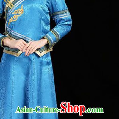 China Moggol Nationality Female Informal Costume Ethnic Folk Dance Blue Dress Mongol Minority Fashion Mongolian Performance Clothing