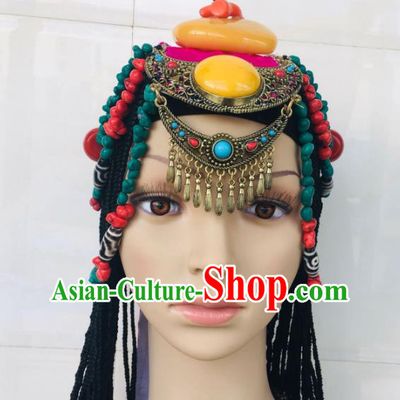 China Xizang Ethnic Festival Beeswax Headdress Zang Nationality Folk Dance Hair Accessories Tibetan Minority Wedding Braids Hairpieces