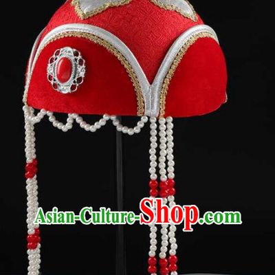 China Mongol Nationality Girl Dance Headwear Handmade Ethnic Children Performance Red Hat Mongolian Nationality Hair Accessories
