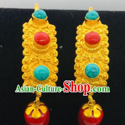 Chinese Classical Dance Golden Ear Accessories Traditional Tibetan Nationality Earrings Zang Minority Festival Ear Jewelry