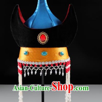 China Mongolian Nationality Female Hair Accessories Mongol Nationality Performance Headwear Handmade Ethnic Festival Blue Satin Bull Horn Hat