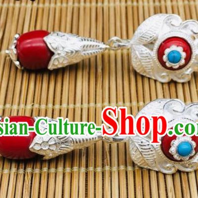 Chinese Classical Dance Silver Ear Accessories Traditional Tibetan Nationality Festival Earrings Zang Minority Wedding Bride Ear Jewelry