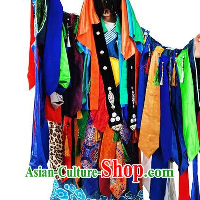 Chinese Traditional Cosplay Shaman Wizard Deep Blue Robe Mongol Minority Ceremony Performance Apparels Mongolian Ethnic Religious Rites Clothing and Headwear