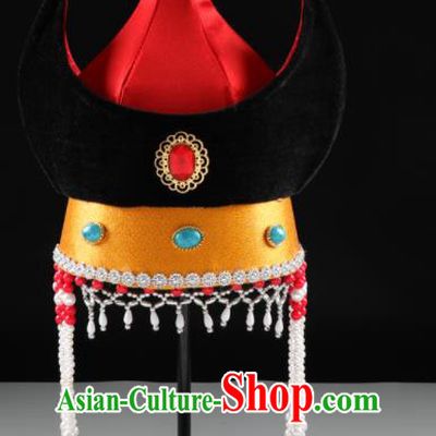 China Handmade Ethnic Festival Red Satin Bull Horn Hat Mongolian Nationality Female Hair Accessories Mongol Nationality Performance Headwear