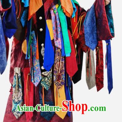 Chinese Mongolian Ethnic Religious Rites Clothing Traditional Cosplay Shaman Wizard Wine Red Robe Mongol Minority Ceremony Performance Apparels and Headpieces