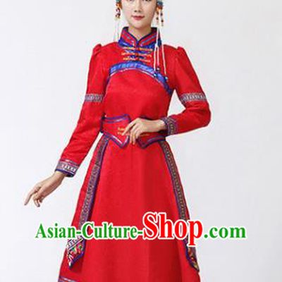 China Ethnic Folk Dance Red Dress Mongol Minority Female Outfits Mongolian Performance Clothing Moggol Nationality Ceremony Costume