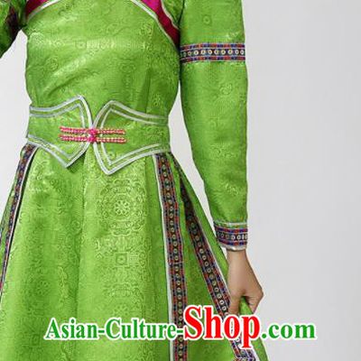 China Mongolian Performance Clothing Moggol Nationality Ceremony Costume Ethnic Folk Dance Green Dress Mongol Minority Female Outfits