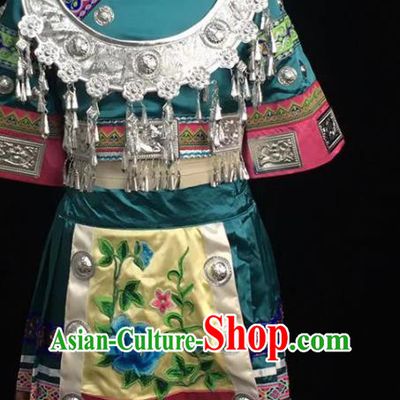Chinese Ethnic Girl Dance Costumes Miao Nationality Stage Performance Green Dress Outfits Hmong Minority Children Folk Dance Clothing
