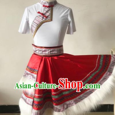 Chinese Zang Minority Children Folk Dance Clothing Ethnic Girl Dance Costumes Tibetan Nationality Stage Performance Dress Outfits