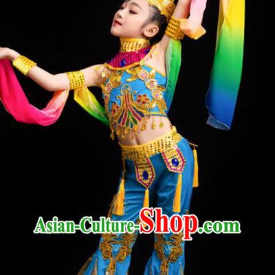 China Children Flying Apsaras Dance Blue Outfits Girl Performance Clothing Classical Dance Garment Costumes Fairy Dance Dress
